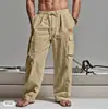 2025 Calça de Trabalho Masculina Americana Multibolsos de Algodão e Linho para Todas as Estações, Fina, Respirável, Solta, Casual, Tendência, Perna Larga