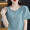 Estilo Novo Primavera e Verão Estilo Preguiçoso Algodão Puro Tricô Manga Curta Solto Gola Redonda Fino Tricô Camiseta Versátil com Botões para Mulheres