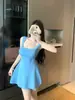 Vestido Camisola de Punto para Mujer, Vestido Corto de Verano Ajustado a la Cintura Línea A, Vestido de Punto sin Mangas Cuello Cuadrado Color Sólido, Directo de Fábrica