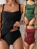 Traje de baño negro de estilo europeo y americano conservador, que cubre el abdomen, con borde ondulado para mujer, de dos piezas, Transfronterizo 2025, Realza el busto, Adelgaza los hombros