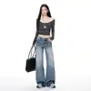 Retro Americano|Diseño de Pliegues Lavados|Jeans Sueltos de Pierna Ancha para Mujer en Azul Vintage, Longitud Extendida, Versátil
