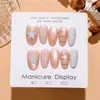 T874# Xadrez Névoa Leve Oval Curto Rosa Nude Cor Translúcida Xadrez Estrelas Olho de Gato Unhas Usáveis Estilo Suave Adesivos de Arte para Unhas