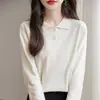Top versátil de punto 100% algodón, nuevo estilo primavera y otoño, cuello polo, manga larga, color liso, corte holgado, camiseta interior adelgazante para mujer