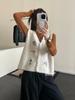 Chaleco Tejido Estilo Preppy de Cuello en V Bordado de Dibujos Animados para Mujer Otoño Temprano 2025 Chaleco Suéter sin Mangas