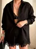 Conjunto Duas Peças Verão Casual Europeu e Americano Transfronteiriço Feminino Cardigan Listrado de Manga Longa Camisa Shorts com Renda
