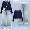 Conjunto de Dos Piezas: Cárdigan de Manga Larga a Cuadros con Bloques de Color Estilo Universitario Coreano para Primavera y Otoño, Pantalones Vaqueros Casuales de Moda con Estrellas de Cinco Puntas