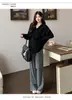 Conjunto de maternidad: Top negro de longitud media con capucha que cubre las caderas, sudadera de nuevo estilo otoñal, camiseta de manga larga holgada para mujeres de talla grande