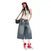 Jeans Cortos de Verano 2026 Nuevos de Moda Estilo Retro Americano Lavados con Patrón de Rayos Unisex Estilo Callejero Sueltos Adelgazantes