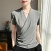 Camiseta de Estilo Retro Francés de Lujo Antiguo Estilo Old Money con Pliegues Cruzados para Mujer, Nueva Moda de Verano, Elegante Cuello en V de Manga Corta con Diseño Adelgazante