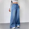 Pantalones de Pierna Ancha de Color Sólido Lavados Transfronterizos Cintura Alta Nueva Cintura Elástica Jeans para Mujer Largos Holgados Adelgazantes para Mujer