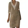 Amazon AliExpress Otoño Europeo y Americano Algodón y Lino Cuello en V Pequeño Puntada de Encaje Color Sólido Retro Manga de Siete Puntos Vestido para Mujer