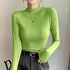 Camiseta de algodón acanalado de manga larga para mujer con cuello semi-alto, camiseta básica versátil para primavera y otoño, top moderno de estilo coreano ajustado