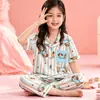 Pijama Infantil para Meninas e Meninos de Primavera e Outono, Manga Curta e Calça Longa, Roupa de Casa com Desenhos Animados para Crianças Maiores
