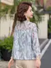 Camisa de Gasa de Primavera con Mangas de Encaje para Mujeres de Mediana Edad, Blusa de Gasa de Moda con Lazada, Top Estampado Elegante para Mujeres de Mediana Edad y Mayores