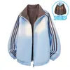 Chamarra reversible a rayas de tres rayas de estilo americano de moda para hombres y mujeres, de otoño e invierno, con cuello alto, casual, corte holgado, chamarra de pareja