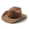 Chapéu de Cowboy Ocidental Retrô, Chapéu de Aba Larga Falso Feltro, Adereço de Festa de Performance, Chapéu com Aba Enrolada Decorativo Personalizado com Fivela de Metal