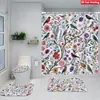 Juego de Cuatro Piezas de Cortina de Ducha y Alfombrilla de Baño con Diseño de Flores y Plantas Transfronterizas para Baño del Hogar, Cortina de Ducha Divisoria de Separación Seca y Húmeda, Cortina de Ducha Impermeable