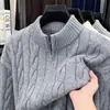 Suéter de punto trenzado con media cremallera para hombre, Suéter de cuello alto para otoño e invierno, Top grueso de manga larga de color liso cálido