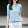 Camiseta de Tricô Amarela Jacquard Francês de Manga Curta para Mulheres Verão Fina Camisa de Tricô Tencel Tamanho Grande Casual Top de Meia Manga