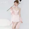 Dz Elegante Fina Encaje Transparente Sedoso Satín Acolchada Camisola Pijama Bata Conjunto de Ropa para el Hogar Xk7058