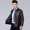 Chaqueta de cuero para hombre de otoño e invierno, chaqueta casual de negocios de cuero PU sintético, cuello alto, cremallera, engrosada con forro polar, abrigo para hombre al por mayor