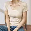 Camiseta de Algodão com Costura Canelada de Alta Elasticidade para Mulheres, Manga Curta, Novo Estilo Verão 2026, Emagrecedora, Toque de Luxo, Top Versátil, Camiseta Base com Ombro Normal