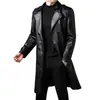 Casaco de Couro Masculino 2026, Primavera e Outono, Estilo Longo Acima do Joelho, Trench Coat de Couro com Forro de Lã, Jaqueta de Moda Casual de Negócios para Meia-Idade, Roupa Exterior Masculina