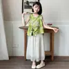 Novo Conjunto Chinês para Meninas 2025 Novo Verão Tendência Estilo Chinês Sem Mangas Top e Calça-Saia Solta Conjunto de Duas Peças