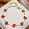 Conjunto de Joias Colar, Pulseira, Tornozeleira Boêmia com Contas Transfronteiriças, Conjunto de Joias com Corrente de Aço Titânio e Contas de Vidro Florzinhas Pequenas para Meninas, Feito à Mão