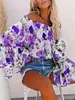 En Stock Ropa de Mujer de Comercio Exterior Transfronterizo Europeo y Americano, Tops Estilo Vacaciones Casuales con Escote Bardot/Asimétrico y Mangas de Campana Estampadas
