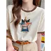Camiseta Manga Curta Color Block Algodão Floco de Neve Raglan Design Feminino Moda Versátil Top Leve Verão 2026 Nova Chegada