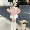 Conjunto de dos piezas: top preppy de manga larga estilo coreano de moda con cuello marinero y una dulce falda escalonada con ribete de encaje