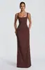 Elegante vestido ajustado de cuello cuadrado fruncido hasta el suelo, popular vestido de fiesta con diseño de lazo para mujer
