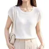 Camiseta de punto de lino helado estilo minimalista francés de cuello redondo acanalado de manga corta para mujer, ajuste holgado de verano, top de manga corta transpirable y adelgazante