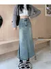 Nueva falda vaquera vintage para mujer de primavera y verano, de cintura alta, adelgazante, que oculta el abdomen, con dobladillo deshilachado, falda de línea A tipo cola de pez de longitud media, moderna