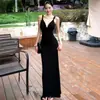 Com Busto Acolchoado Design Moderno Costas Abertas Alça com Fenda Vestido Longo Verão Francês Slim-fitting Vestido de Festa Preto para Mulheres