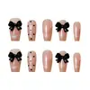 Rosa Nude Negro Lazo Dulce Manicura Linda y Juguetona Estilo Uñas Largas Usables 10 Piezas de Parches para Uñas Postizas