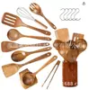 Juego de Utensilios de Cocina de Madera de Acacia, Espátula de Madera Maciza con Mango Largo, Cuchara para Sopa, Colador, Espátula para Cocinar, Herramientas de Cocina para el Hogar