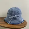 Sombrero de pescador de mezclilla lavada vintage con lazo de cinta estilo japonés para mujer, moda, sombrero de cubo, protección solar de verano