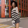 Ropa de punto para mujer 2025 Otoño e Invierno Nuevo Informal Transfronterizo Europeo y Americano de Rayas Holgado Cuello Redondo Suéter Pulóver Chaqueta para Mujer