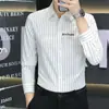 Camisa de Manga Larga Rayada Bordada Elástica de Fibra de Bambú para Hombre, Negocios Ligeros, Cuatro Estaciones, Comercio Exterior Transfronterizo