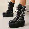 Botas de Cavaleiro Punk com Rebites de Meia-Canela para Mulheres Outono e Inverno 2022 Novas Salto Alto de Solado Grosso Fivela de Cinto Tamanho Grande 43 Botas Femininas
