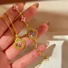 Nova Pulseira Filigranada Esmaltada com Madrepérola Estilo Chinês, Colar com Pingente de Madrepérola Cinza Esmaltado Azul Antigo Banhado a Ouro, Anel de Trevo de Quatro Folhas