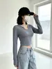 Camiseta sexy de manga larga para mujer, otoño e invierno, corta, que muestra el abdomen, ajustada, top interior de chica hot, camiseta básica de hombro normal para chica joven