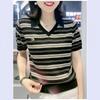 Camiseta de Manga Corta para Mamá con Rayas que Reduce la Edad para Mujer 2025 Verano Camisa Polo Casual Versátil Nuevo Look Holgado Adelgazante Top