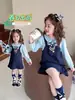 Vestido de Niña Otoño 2025 Nuevo Elegante Cuello Academia Infantil Conejo Policía Falso Dos Piezas Moda Vestido de Princesa