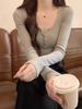 Deseo puro gris playera de clavícula con cuello en U para mujer hombro manga larga otoño e invierno corte ajustado dulce y picante cuello medio abierto versátil terciopelo camiseta básica