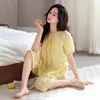 Pijama Mujer Verano Tejido Algodón Puro Manga Corta Pantalón Siete Puntos Estilo Delgado Verano Talla Grande Madre de Mediana Edad Todo Algodón Ropa de Casa