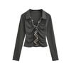 Camiseta Ajustada Elástica de Manga Larga para Mujer, Estampado de Cuadros Contrastantes, Diseño Falso de Dos Piezas, Cuello Solapa, Plisado, Cintura Alta, Corta que Muestra el Ombligo
