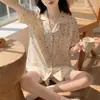 Cárdigan de Verano Nuevo Conjunto de Pijama de Pantalón Corto de Manga Corta Pijama de Algodón Burbuja para Mujer Ropa Linda para Estudiante en Casa